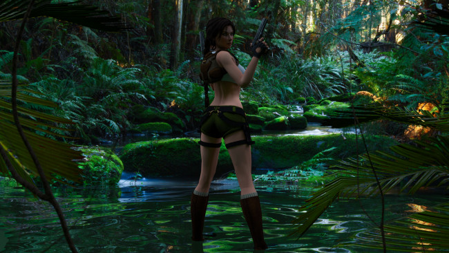 Обои картинки фото 3д графика, фантазия , fantasy, девушка, взгляд, фон, оружие, лес
