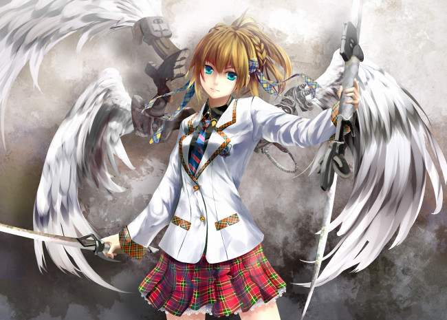 Обои картинки фото аниме, ангелы,  демоны, девушка, kouji, арт, крылья, ангел, оружие, форма, меч, механизм