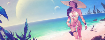 Картинка рисованное люди купальник фон девушка шляпа пляж