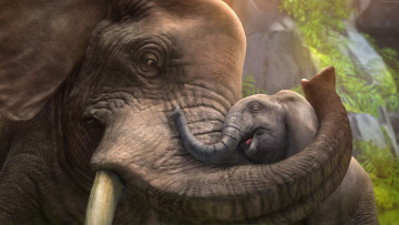 Картинка 3д+графика животные+ animals хоботы любовь слониха слоны слоненок