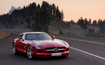 Картинка автомобили mercedes-benz mercedes amg sls63 красный дорога шоссе трасса горы деревья