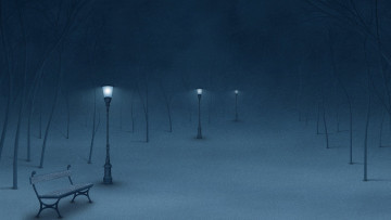 обоя рисованное, природа, парк, деревья, зима, ночь, снег, фонари, скамейка