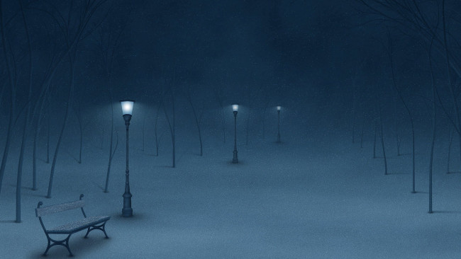 Обои картинки фото рисованное, природа, парк, деревья, зима, ночь, снег, фонари, скамейка