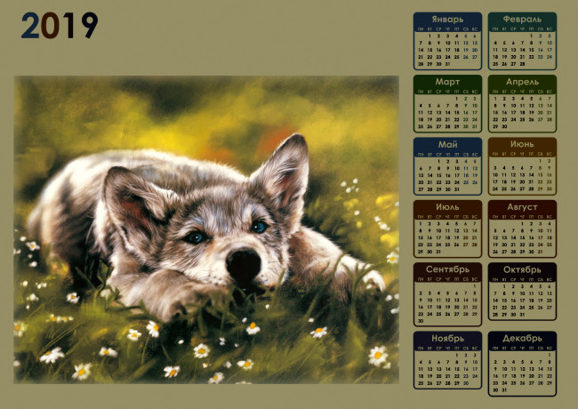 Обои картинки фото календари, рисованные,  векторная графика, цветы, волк