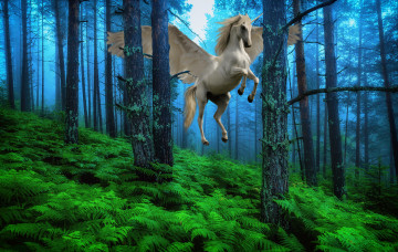 Картинка фэнтези фотоарт пегас лошадь конь крылья единорог лес деревья полёт