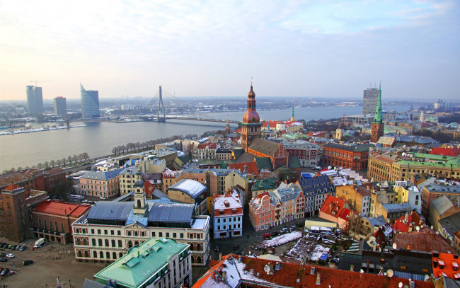 Обои картинки фото города, рига , латвия, мост, панорама, река