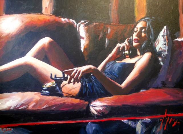 Обои картинки фото рисованное, fabian perez, женщина, телефон, диван