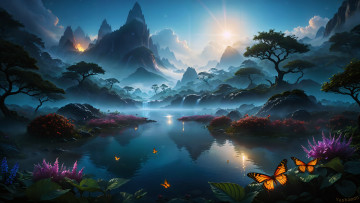 Картинка фэнтези иные+миры +иные+времена foggy scenery waterfalls dreamy lake mountains hazy tranquility nature