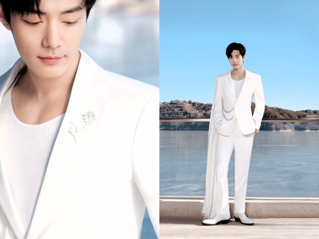 Обои картинки фото мужчины, xiao zhan, актер, костюм, балкон, море