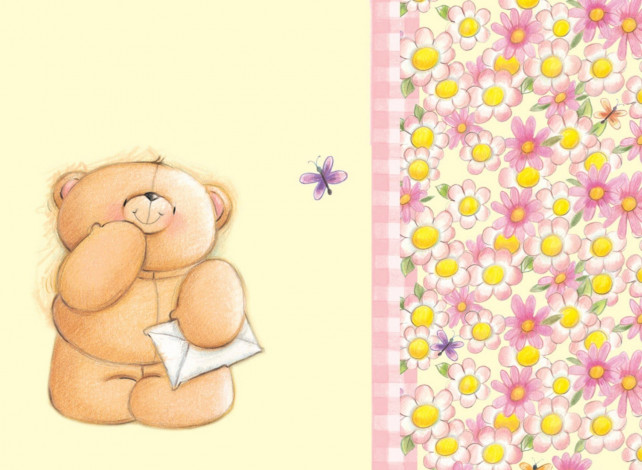 Обои картинки фото рисованное, мишки тэдди, мишка, конверт, бабочка, цветы