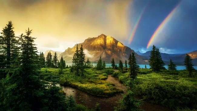 Обои картинки фото double rainbow over crowfoot mt, banff national park, alberta, природа, радуга, double, rainbow, over, crowfoot, mt, banff, national, park