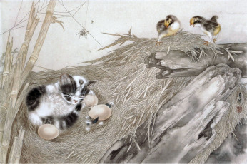 Картинка рисованные животные кот гнездо яйцо