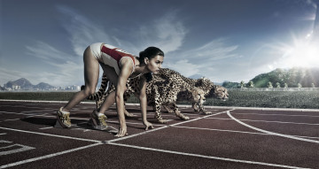Картинка юмор+и+приколы дорожки старт бег спортсменка бегунья гепарды звери стадион девушка