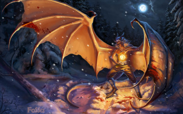 Картинка фэнтези драконы зима снег огонь шар чешуя магия крылья дракон парень арт фантастика луна небо ночь