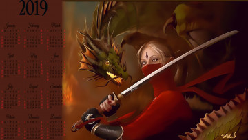 Картинка календари фэнтези дракон девушка оружие