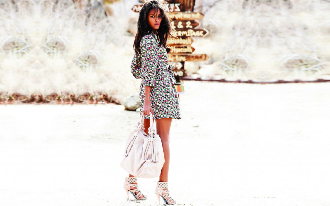 Обои картинки фото девушки, emanuela de paula, модель, каблуки, сумка, платье, указатель
