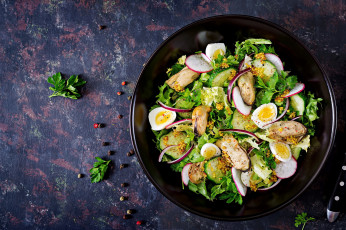 Картинка еда салаты +закуски зеленый салат мидии яйца огурец редис петрушка
