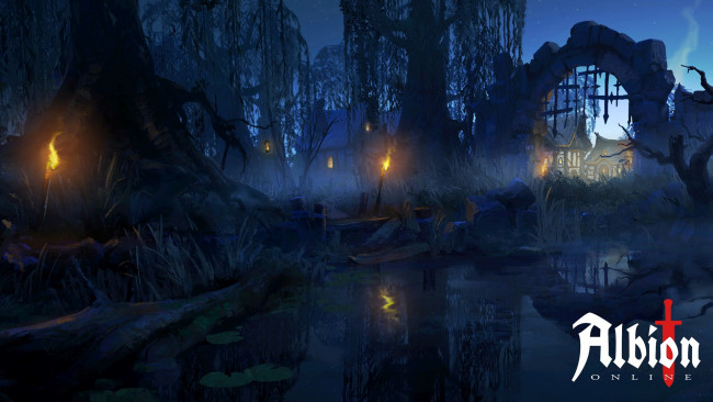 Обои картинки фото видео игры, albion online, дома, лес, озеро, арка