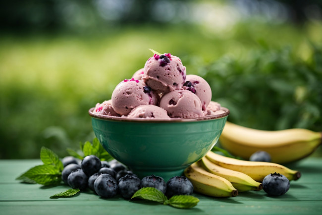 Обои картинки фото 3д, 3д графика, еда-, food, ягоды, мороженое, банан, черника, мята