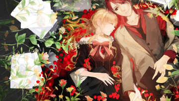 Картинка аниме umineko no naku koro ni бумага цветы локоны пара парень влюблённые девушка