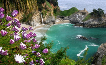 Картинка природа побережье волны море пляж гора цветы водапад зелень