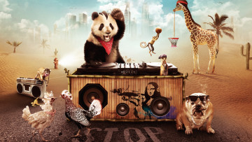 Картинка разное компьютерный дизайн обезьяны панда собака бульдог жираф животные сурикат магнитофон диджей вечеринка пустыня петухи