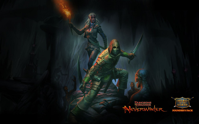Обои картинки фото dungeons, dragons, neverwinter, видео, игры, пещера, факел, существа, воины, оружие