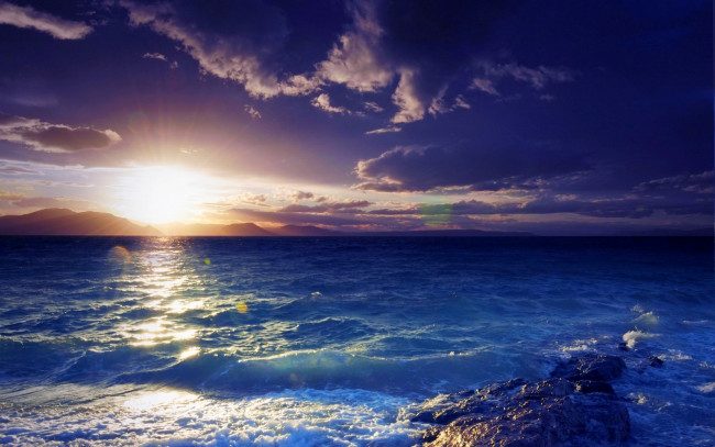 Обои картинки фото природа, восходы, закаты, солнце, тучи, волны, океан