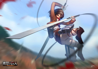 Картинка аниме shingeki+no+kyojin mikasa ackerman взгляд оружие девушка падение