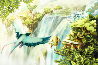 Картинка аниме pokemon дикие листья покемоны природа водопад деревья зелень скала красота