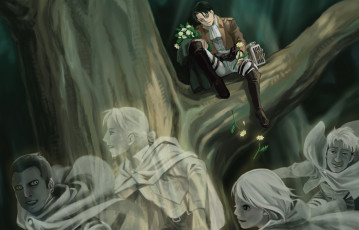 Картинка аниме shingeki+no+kyojin attack on titan shingeki no kyojin rivaille levi парень цветы призраки брюнет дерево сидит скорбит