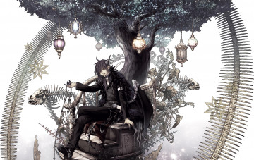 Картинка аниме -angels+&+demons дерево скелеты сидит парень лестница фонари