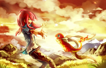 Картинка аниме pokemon закат горы сияние трава слёзы арт небо облака девочка покемон радость огненный счастье смех чармандер