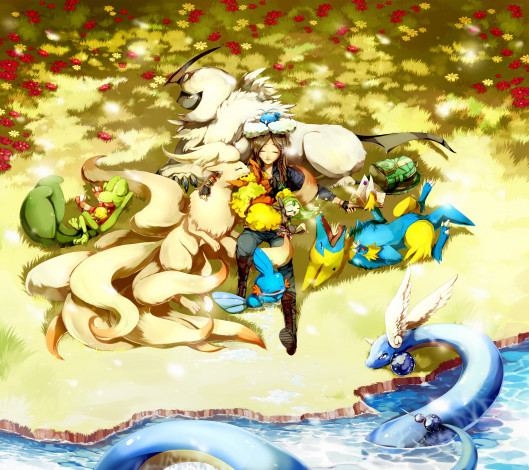 Обои картинки фото аниме, pokemon, поляна, цветы, покемоны, девушка, разные, трава, арт, озеро, вода, идиллия, лежат