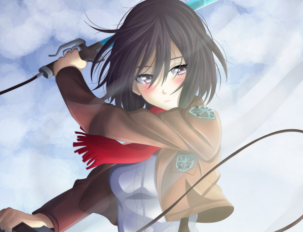 Обои картинки фото аниме, shingeki no kyojin, вторжение, гигантов, меч, оружие, девушка, mikasa, ackerman, shingeki, no, kyojin