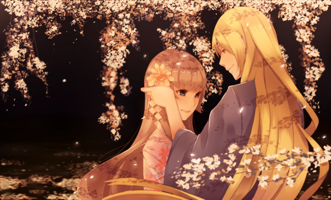 Обои картинки фото аниме, *unknown , другое, кимоно, деревья, цветы, сакура, парень, девушка