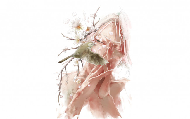 Обои картинки фото аниме, *unknown , другое, цветы, птица, лепестки, парень