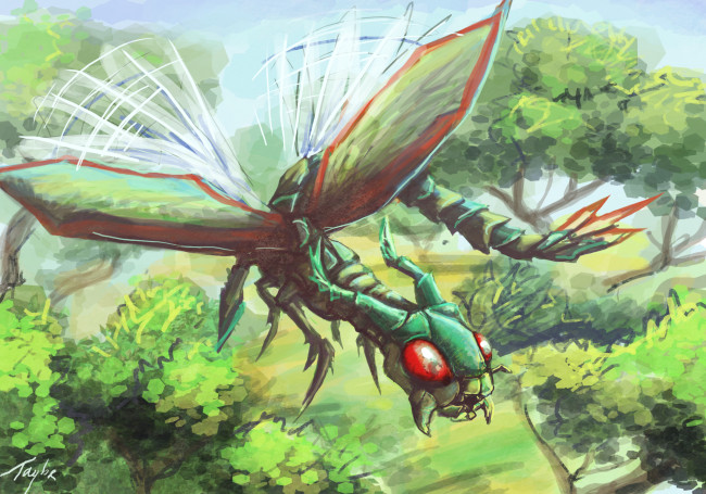 Обои картинки фото аниме, pokemon, зелёный, летит, покемон, насекомое, крылья, арт, деревья