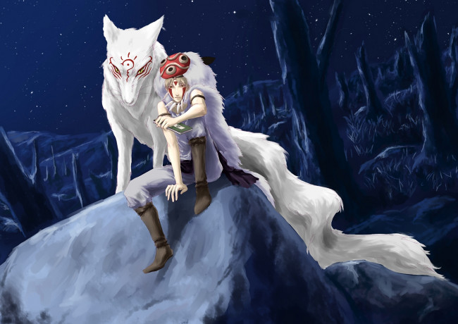 Обои картинки фото аниме, natsume yuujinchou, парень, волк, ночь, камень, тетрадь, маска