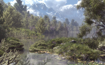 Картинка 3д+графика природа+ nature лес река горы облака