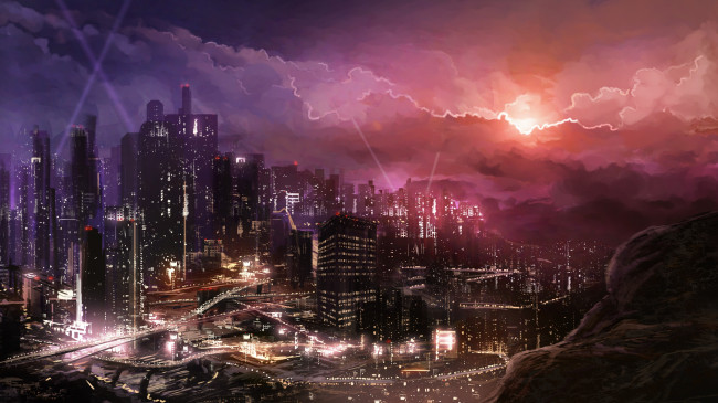 Обои картинки фото рисованное, города, лучи, закат, вид, мегаполис, город, огни