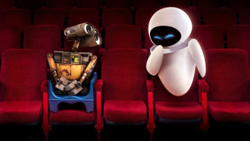 Картинка мультфильмы wall-e кинотеатр роботы ева валли кресла