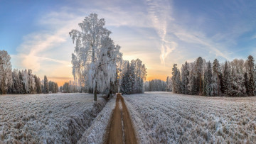 Картинка природа дороги утро иней дорога зима