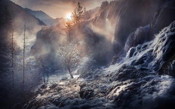 Картинка природа водопады вода туман китай дымка скалы лес потоки свет
