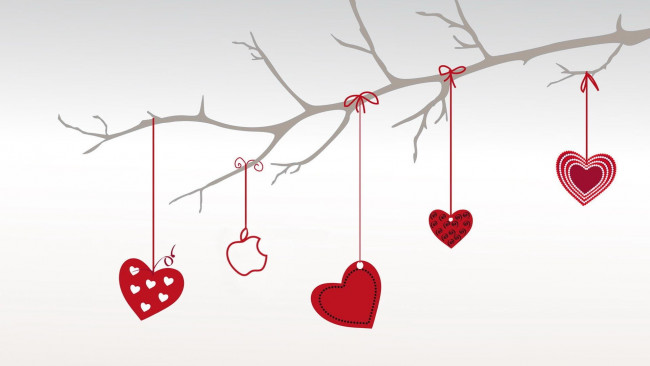 Обои картинки фото векторная графика, сердечки , hearts, ветка, сердечки, яблоко