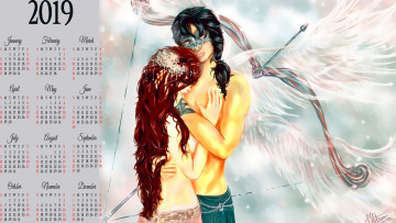 Картинка календари фэнтези эмоции крылья девушка маска мужчина