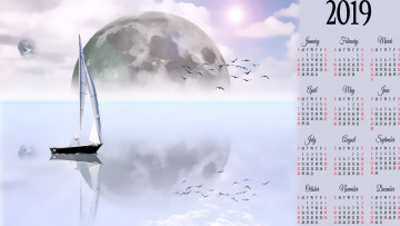 Картинка календари фэнтези отражение планета лодка парус яхта водоем