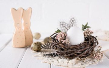 Картинка праздничные пасха цветы праздник весна печенье гнездо фигурки композиция