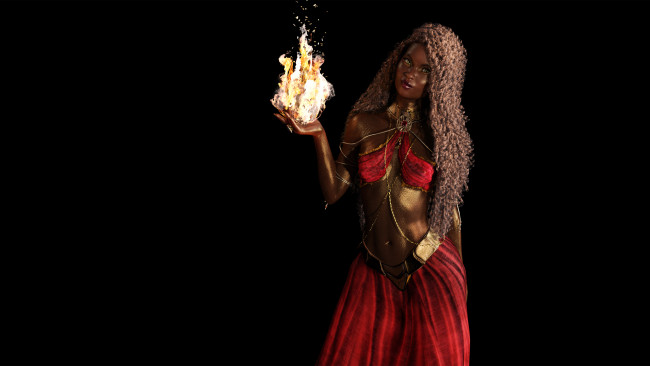 Обои картинки фото 3д графика, фантазия , fantasy, девушка, фон, взгляд, огонь