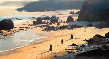 Картинка рисованное природа люди берег скалы камни море